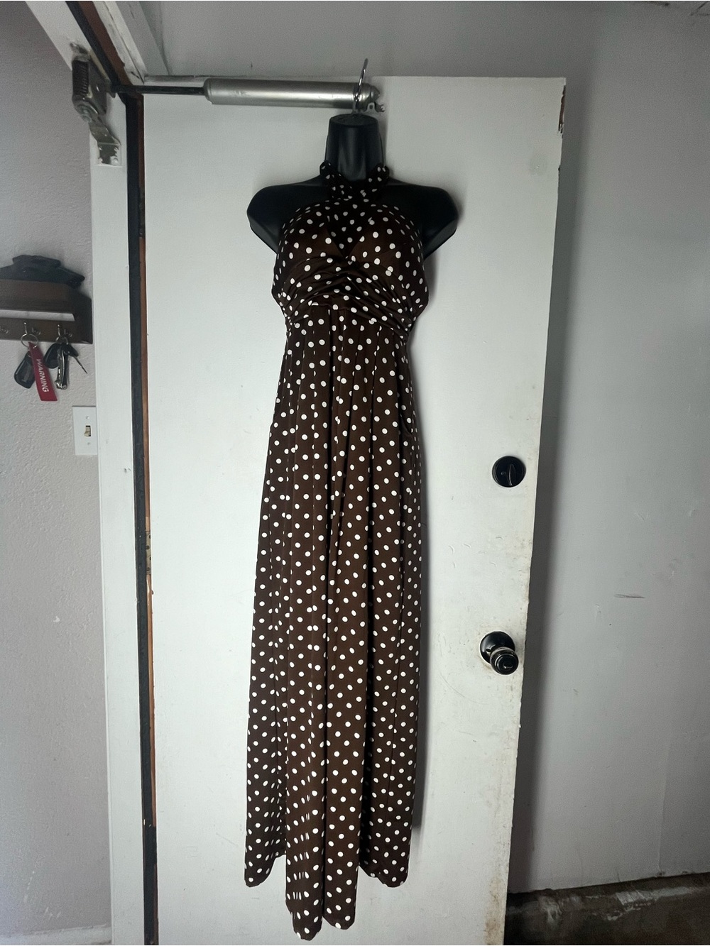 paper doll Brown and White Polka Dot Halter Maxi Dress